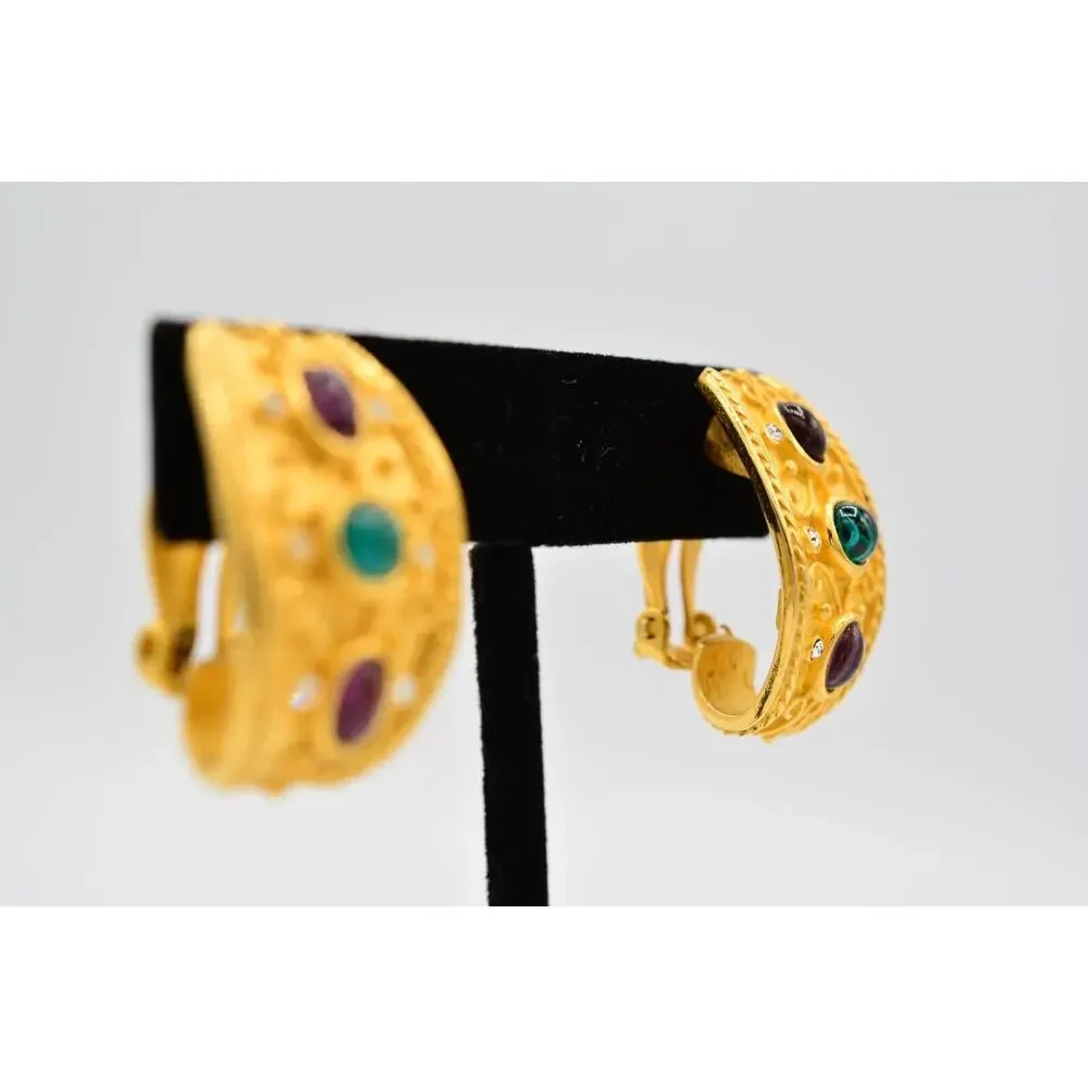 Vintage Cabochon Clip Earrings Brushed Gold Rhinestone Designer Signed 80s BinAS